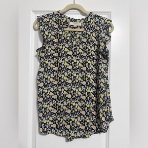 LOFT Black Floral Ruffle Sleeve Camisole with Pink and Yellow Flowers